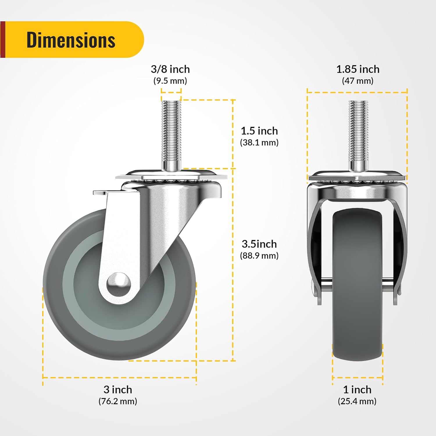 3 polegadas sem rodízios de haste de freio, conjunto de rodízios giratórios rosqueados de 4 rodízios resistentes cinza