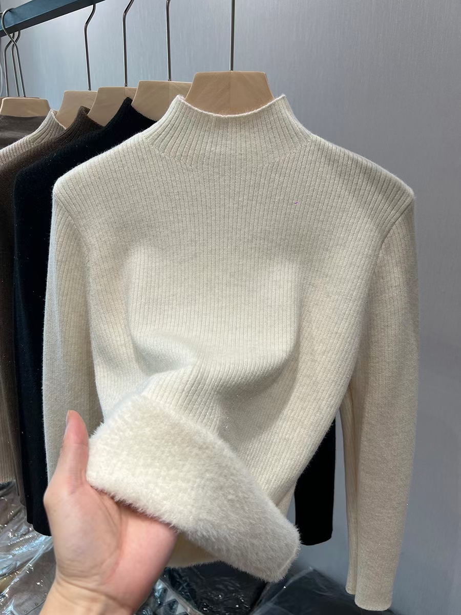 Suéter de cuello alto para mujer, Jersey de punto elegante, grueso, forrado de terciopelo, cálido, Tops delgados, Jersey de punto, nuevo, Invierno