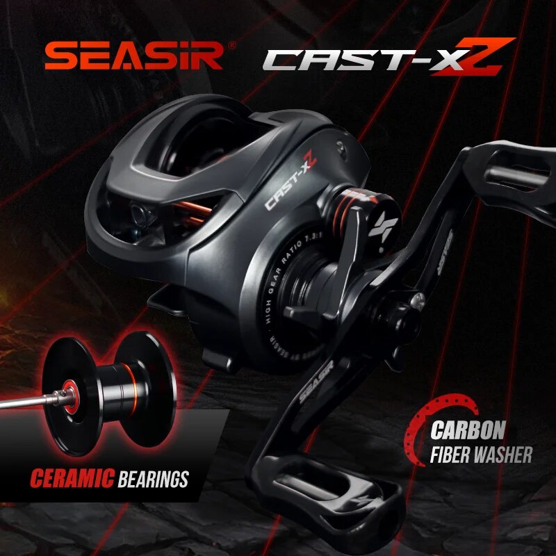 Carrete de pesca SEASIR Cast X2 Baitcasting 7,3: 1, rodamiento cerámico híbrido, arandela de fibra de carbono, sistema de rodamiento doble, carretes de pesca con freno N52