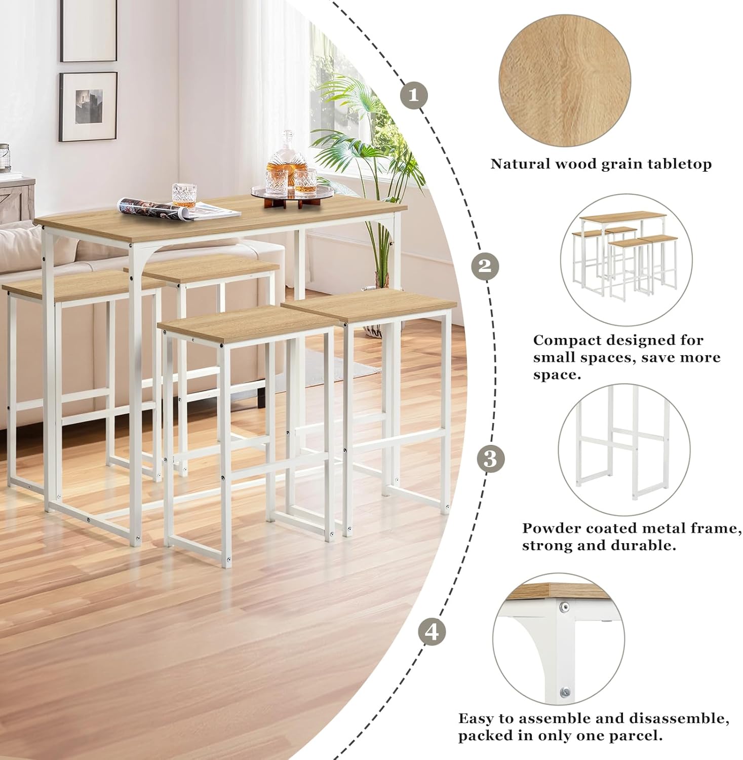 Mesa de Bar Alta Con 4 Taburetes - Juego de Comedor Para Cocina - Ahorro de Espacio, Rincón Para Casa