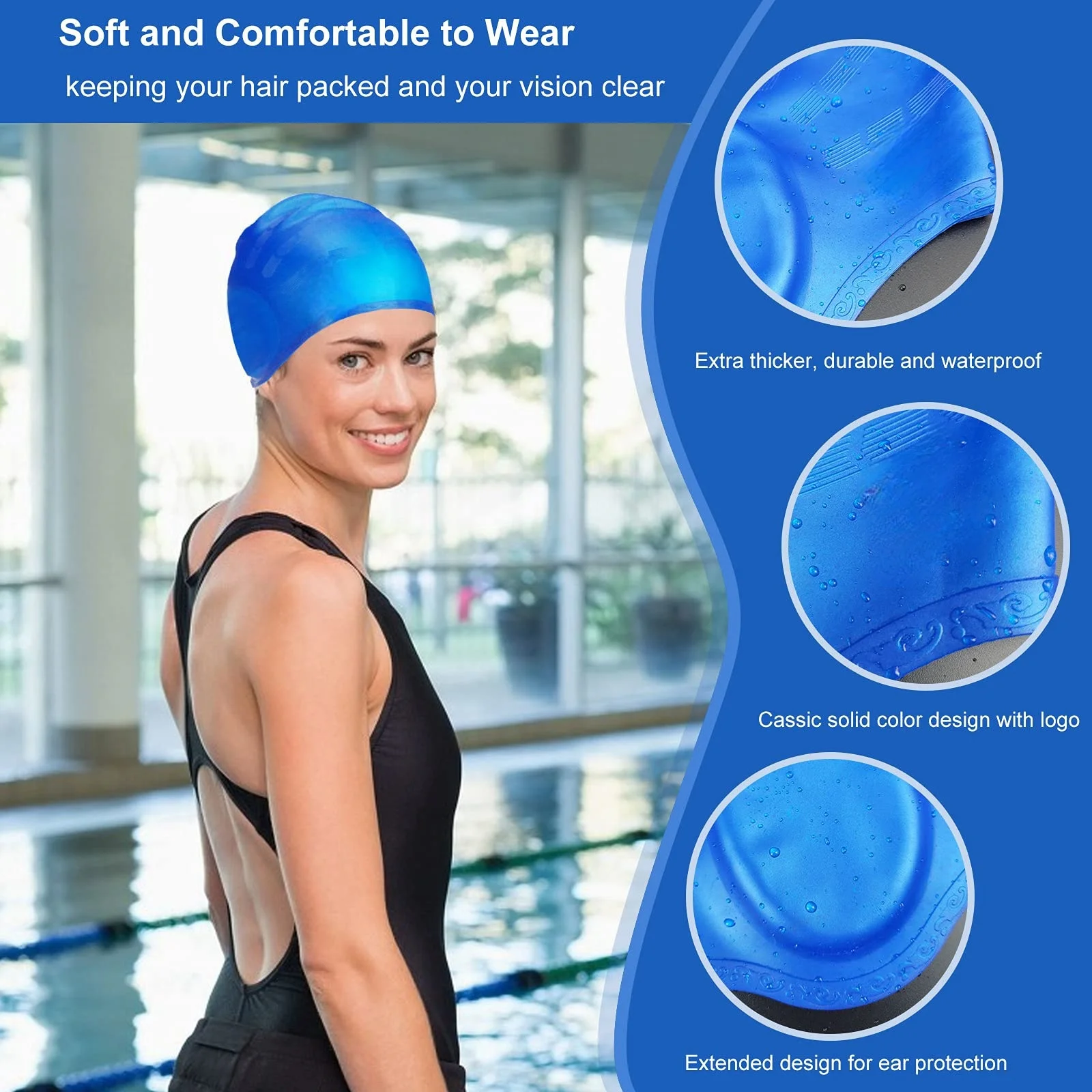 Gorro de natación de silicona duradero profesional con bolsillos para las orejas para adultos y adolescentes, protege el cabello largo y proporciona alta elasticidad