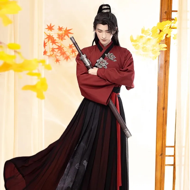 ฮาโลวีน Nobility คอสเพลย์เครื่องแต่งกายสําหรับชายขนาดใหญ่เสื้อผ้าจีนแบบดั้งเดิม Vintage สีแดงสีดํา Wuxia Hanfu ชุดสําหรับชาย