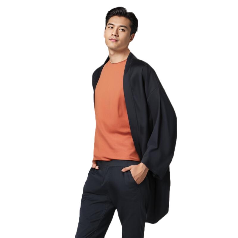 2024 新メンズロング無地日本の着物ポンチョ夏カジュアルルーズ女性の浴衣羽織ビーチ黒日吉シャツジャケット