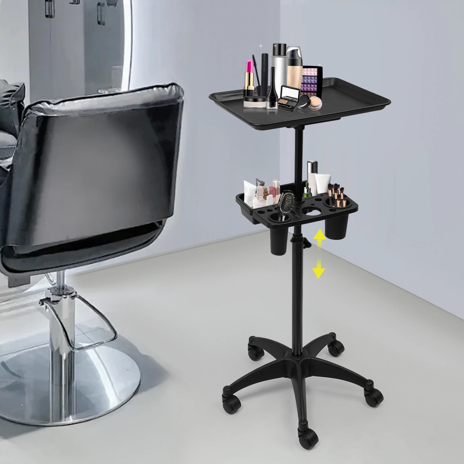 Carrello per vassoio da salone regolabile in altezza, resistente alla ruggine, grande tavolo da lavoro con rotelle a doppio pavimento, portaoggetti ordinato per saloni di bellezza