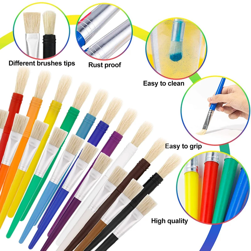 5/10pcs แปรงทาสีปลายแบนแปรงทาสี Hog Bristle Tempera แปรงทาสีศิลปินสําหรับเด็กสั้น Stubby พลาสติก Handle