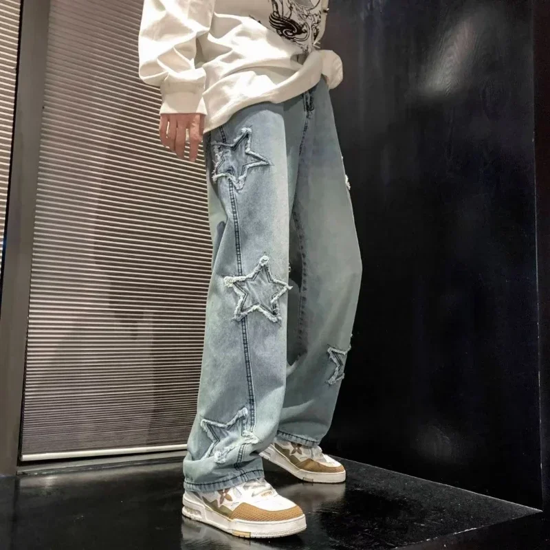 ดาวPatchworkกางเกงยีนส์ผู้ชายใหม่แฟชั่นY2Kพู่กางเกงเกาหลีเสื้อผ้าตรงHip Hop SplicingกางเกงชายStreetwear