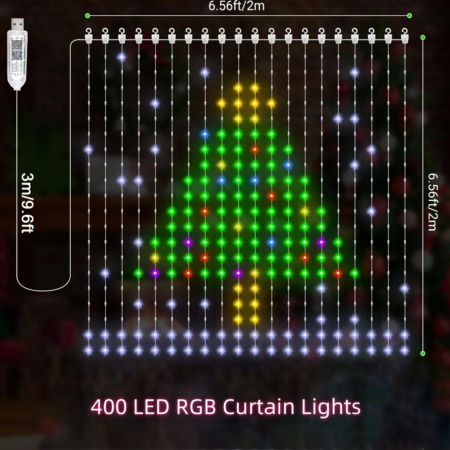 Luces de cortina inteligentes USB, 400LED, Control por aplicación, luces LED que cambian de Color, sincronización musical, luces de cadena DIY para decoración navideña