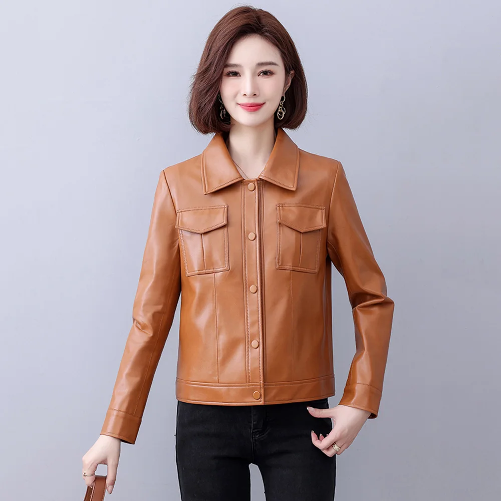 Neu Frauen Moto-Biker Lederjacke Frühling Herbst Mode Umlegekragen Einreihig Spaltleder Lässiger Kurzmantel