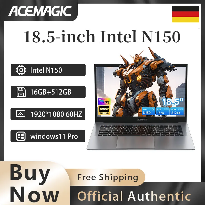 ACEMAGIC 18,5-Zoll Intel N150 Business-Laptop 16 GB DDR4 512 GB SSD 180 °   Öffnen und Schließen von 3,6 GHz mit langer Akkulaufzeit Windows 11