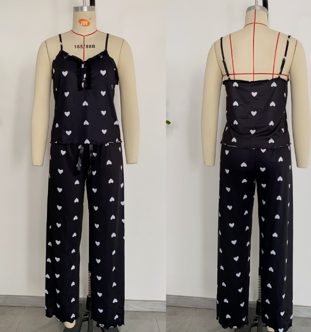 ผู้หญิงเซ็กซี่หัวใจพิมพ์ลูกไม้ Homewear ชุดนอนฤดูร้อนชุดแขนกุดซาติน Pijama Cropped เสื้อและกางเกง