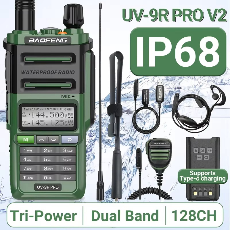 Портативная рация Baofeng UV-9R Pro V2, водонепроницаемое зарядное устройство IP68 Type-C, УКВ/УВЧ, Любительское радио, дальность действия 50 км, улучшенная версия