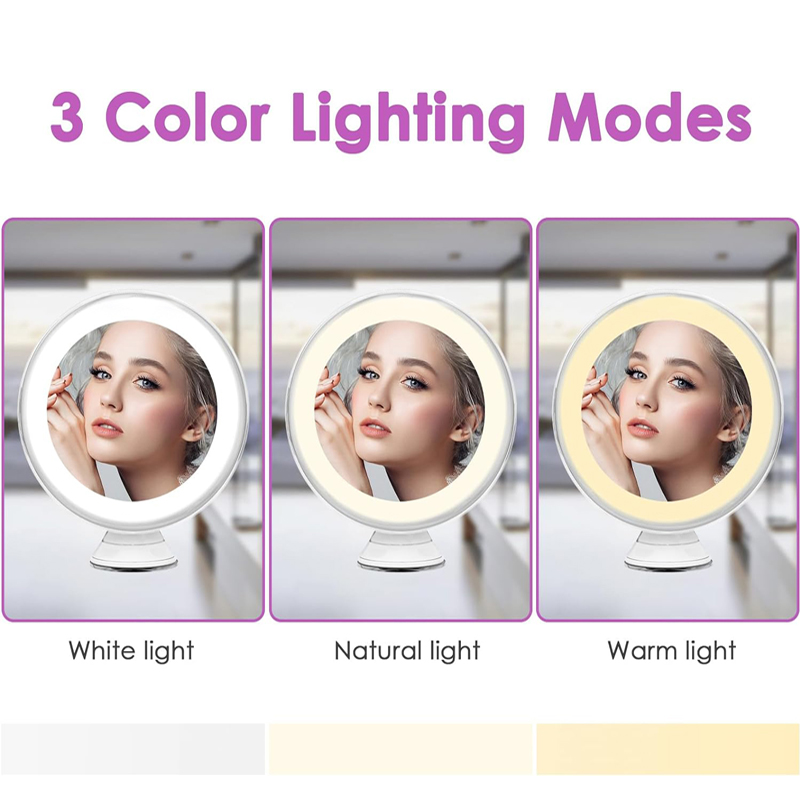 LED Makeup Magnifying Mirror 3 Light Colors Illuminated with 10x Magnification and Suction Cup 360° Rotation Brightness Dimmable