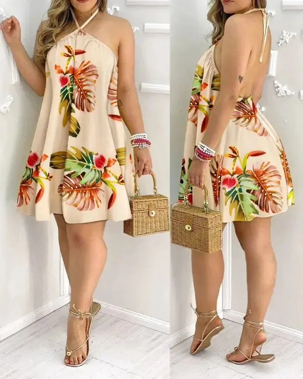Vestido de gola halter com estampa tropical, vestido sem costas estilo férias para primavera e verão, roupas femininas