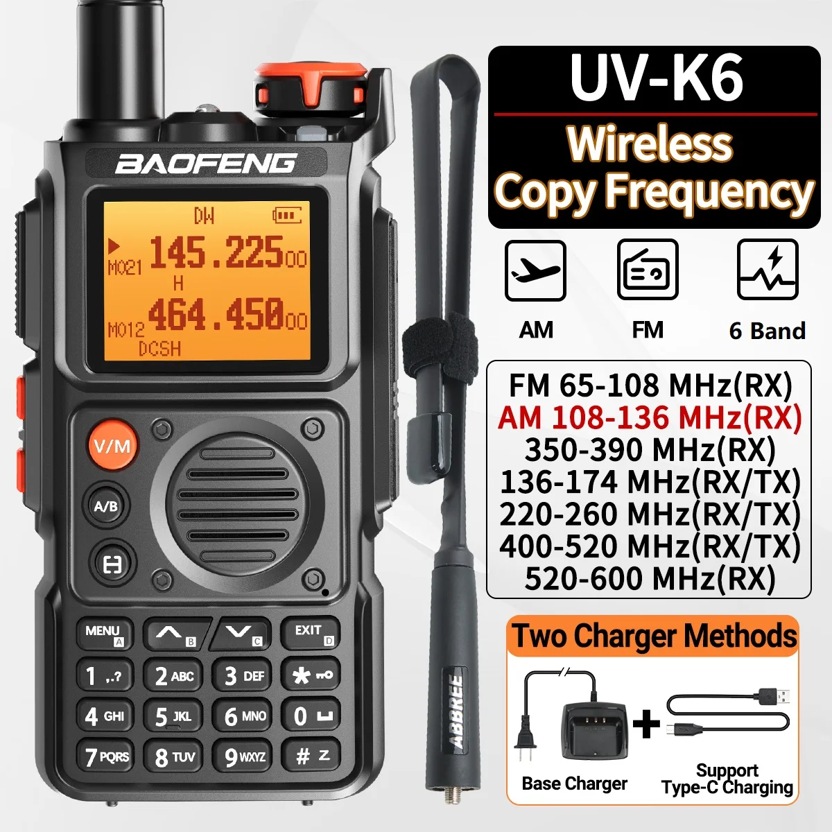 Baofeng UV-K6 Air Band Walkie Talkie Drahtlose Kopierfrequenz Multiband Typ-C Tragbares UHF VHF Long Rang UV5R Zweiweg-Amateurfunkgerät