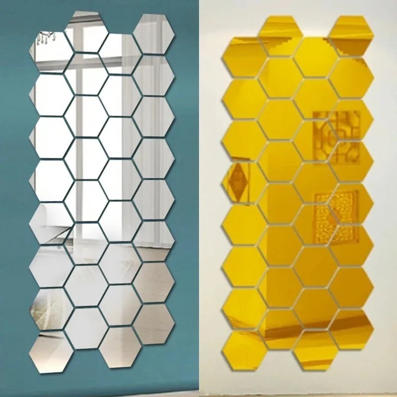 12 Uds. Pegatinas de pared de espejo hexagonal, autoadhesivas, pegatinas de pared removibles, azulejos de mosaico dorados y plateados, calcomanías para decoración del hogar y dormitorio