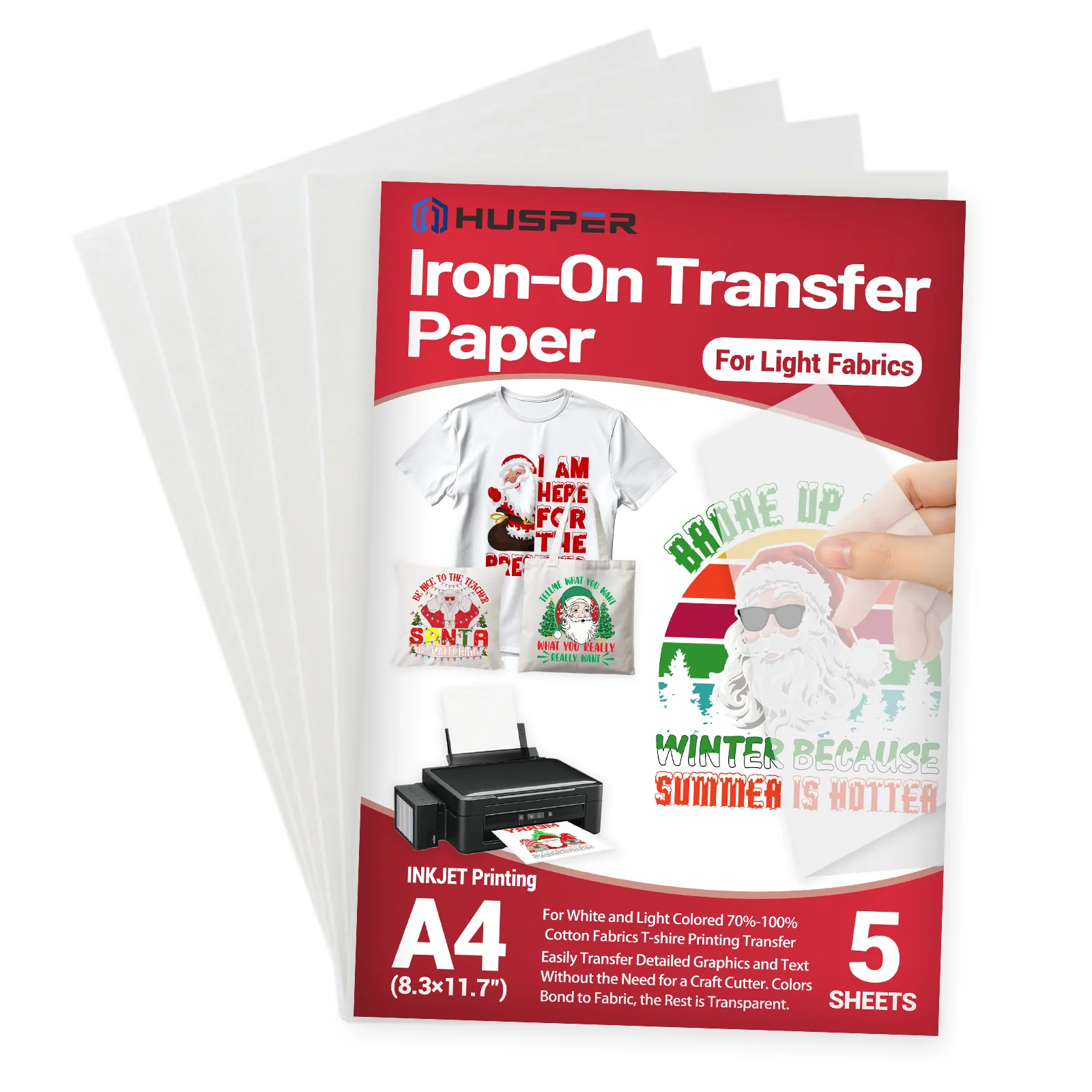 5 Sheets A4 Iron-On Heat Transfer Paper for Light Color Fabrics - Durable DIY Hand-Painted & Inkjet Compatible (8.3×11.7 inch)