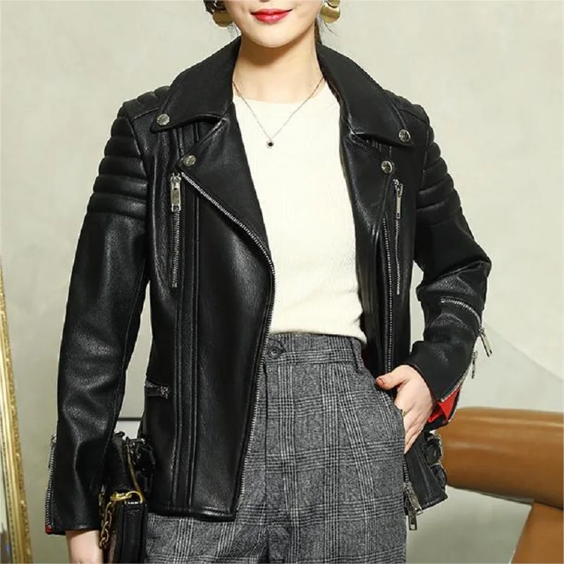Chaqueta de Cuero para mujer, otoño, piel de cabra, solapa, cremallera, puños de costura roja, cinturón, moda ajustada, abrigo corto de motocicleta para mujer