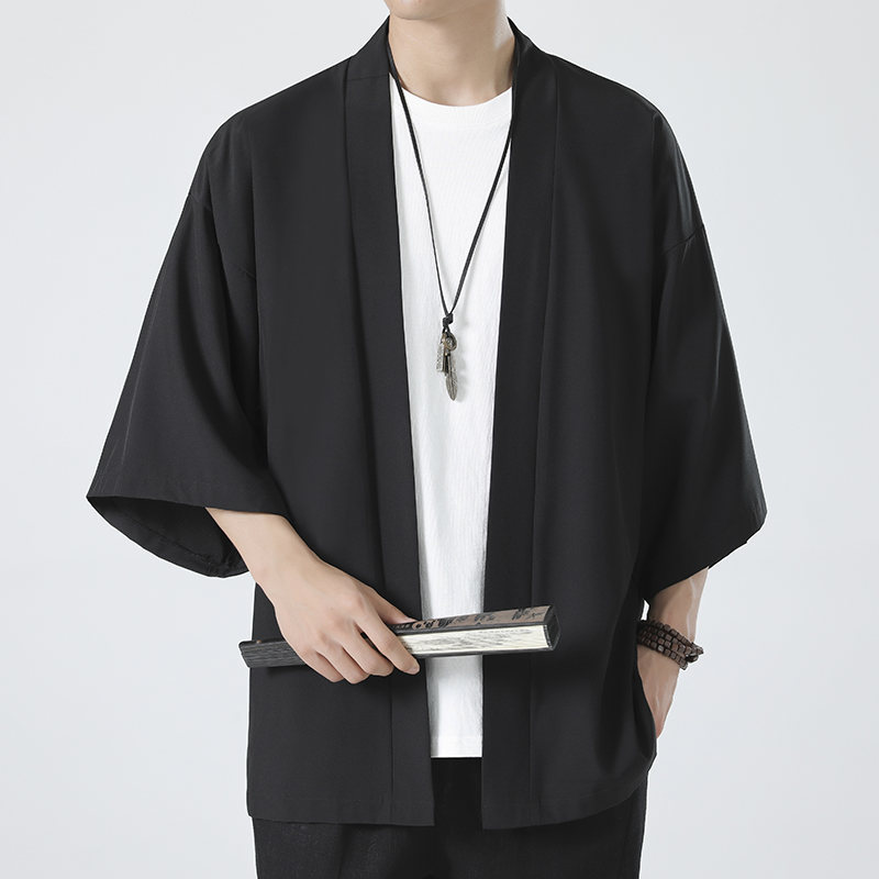 Herren-Kimono-Hemd, traditioneller japanischer Stil, Kleidung, männlich, vorne offen, Strickjacke, 3/4-Ärmel, Yukata-Mantel, Haori, lässige Strandhemden
