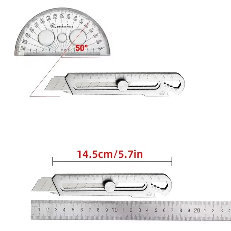Coltello multiuso Taglierina per righello Coltello a scatto retrattile in acciaio inossidabile Coltello e lame Strumento di misurazione manuale