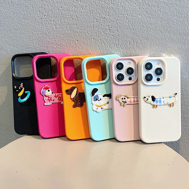 Funda de teléfono coreana con bordado de dibujos animados en 3D para iPhone 16, 15, 14, 13, 11, 12 Pro Max Plus, divertida funda con patrón de cuero para cachorros