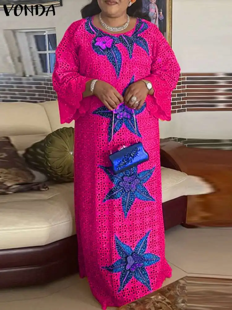 VONDA Plus Size Bohemian Printed Long Dress Women Vintage Long Flare Sleeve Maxi Vestidos Casual Loose Kaftan Sundress Robe 5XL