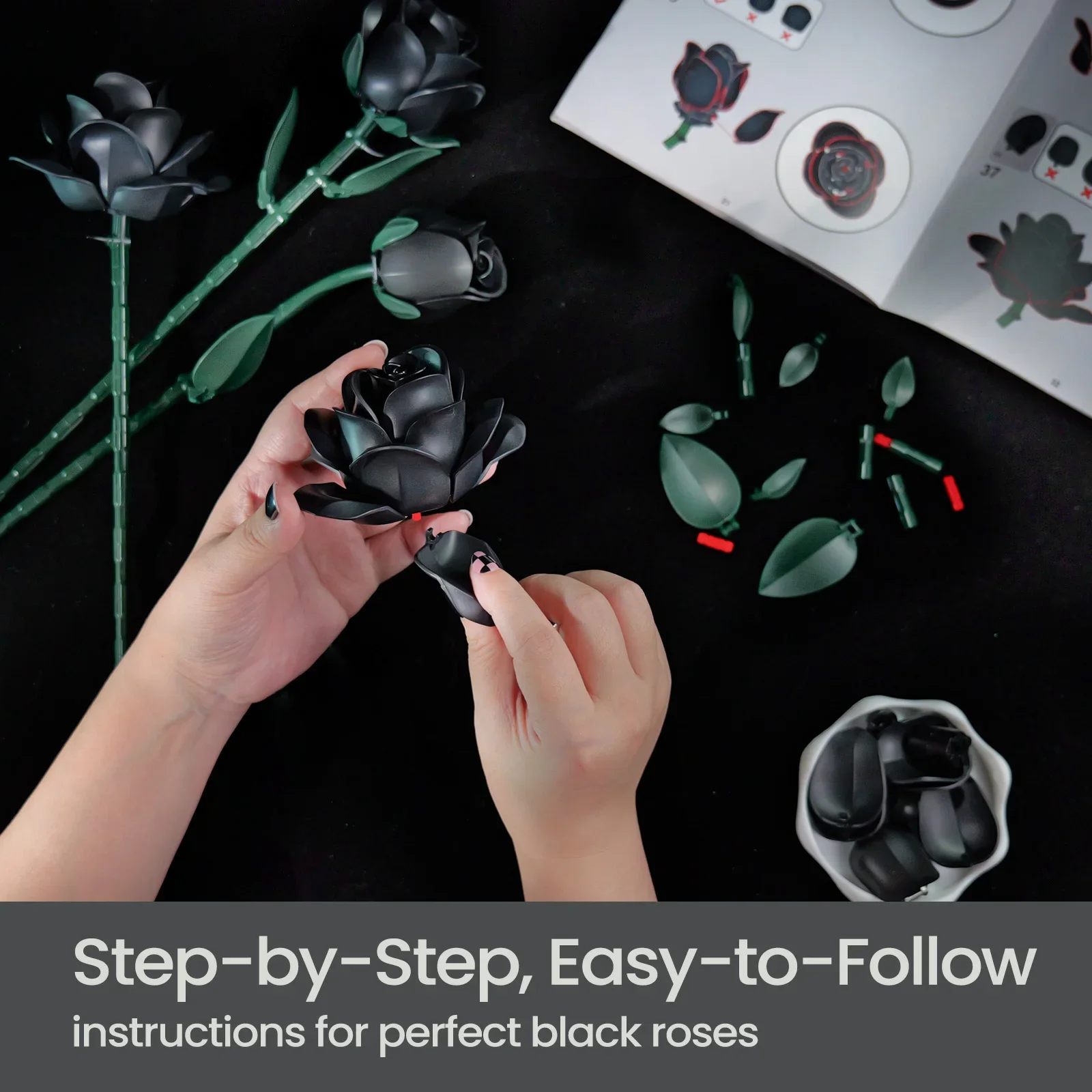 12 個ブラックローズビルディングブロックセット植物の花束高品質模擬バラの花ゴシック装飾バレンタインデーのギフト