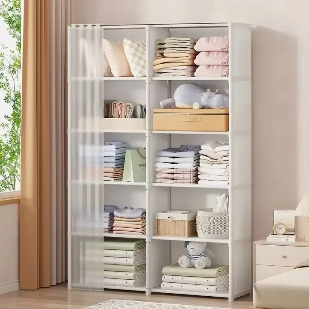 Staubdichter Kleiderschrank, mehrschichtiger Aufbewahrungsschrank mit Vorhängen, Schlafzimmermöbel, große Kapazität, Kleiderschränke, einfacher Floset-Organizer
