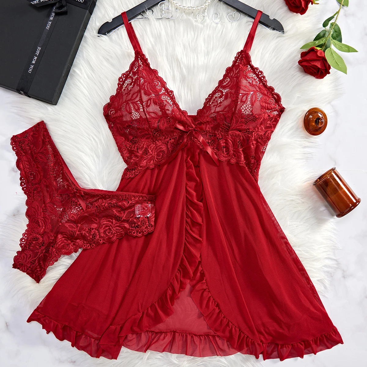 2 pçs conjunto de camisola de renda feminina requintado homewear pijamas transparente divisão camisola com decote em v sutiã calcinha conjuntos