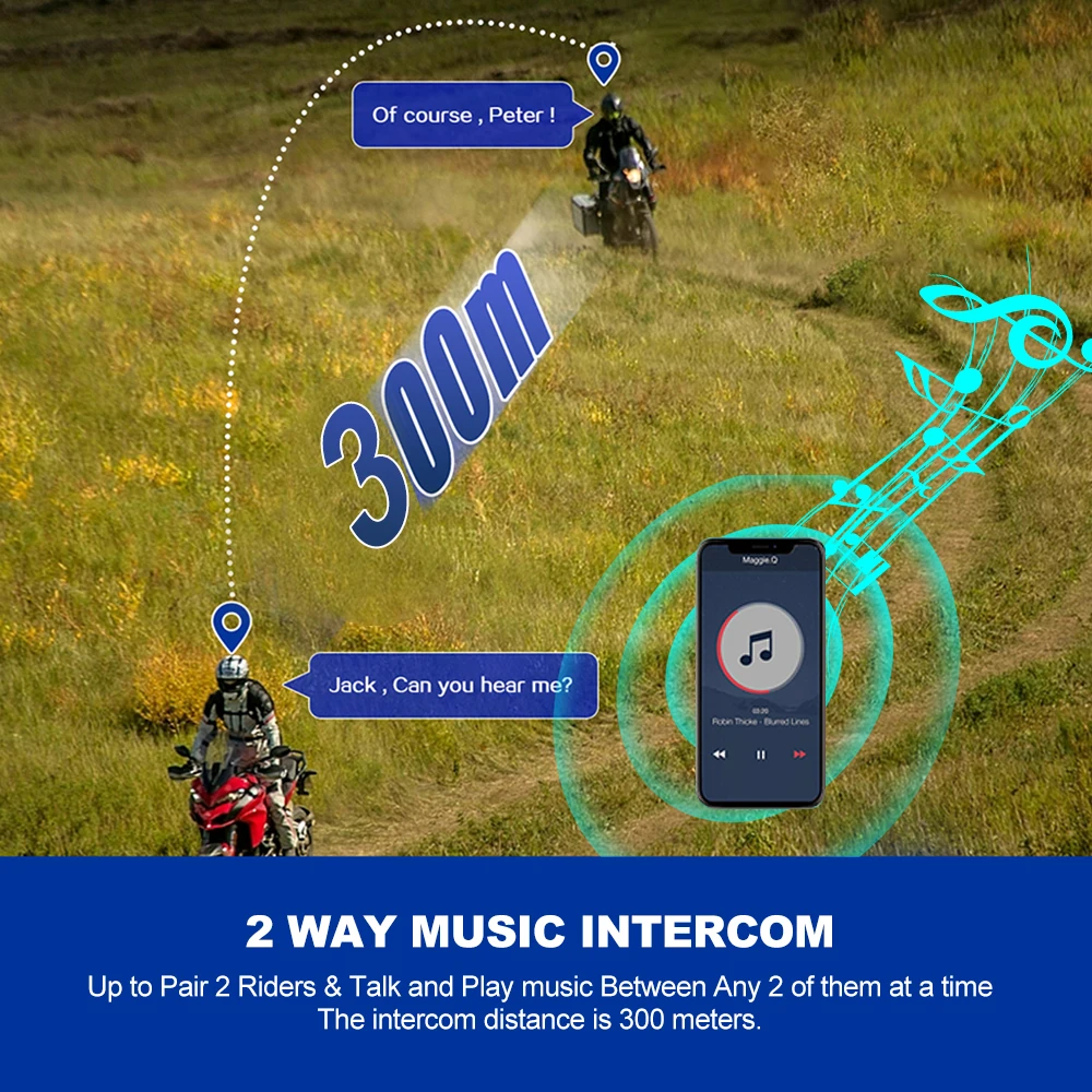 1/2x interfono de música Bluetooth 5,3 casco de motocicleta intercomunicador auriculares impermeable 300m reproducir música y llamadas simultáneamente