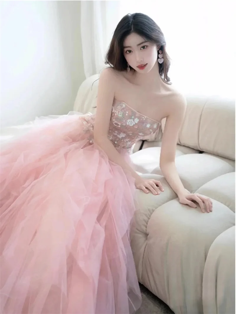 女性のためのピンクのイブニングドレス,裸の肩,結婚式,18歳の誕生日の最初の誕生日の花嫁のためのドレス