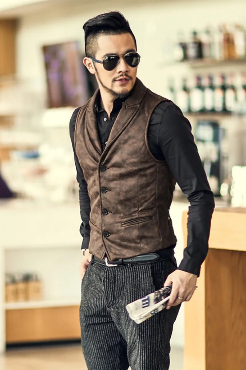 Retro zamszowa kamizelka męska w stylu Vintage Slim Fit jesienno-zimowa męska kurtka bez rękawów V Neck ciepła kamizelka