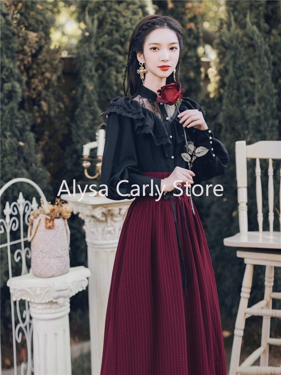 Conjunto de vestido gótico vintage de duas peças, blusa feminina de renda preta com babados + saia midi com cadarço, corte retrô de inverno 2023, ternos casuais y2k