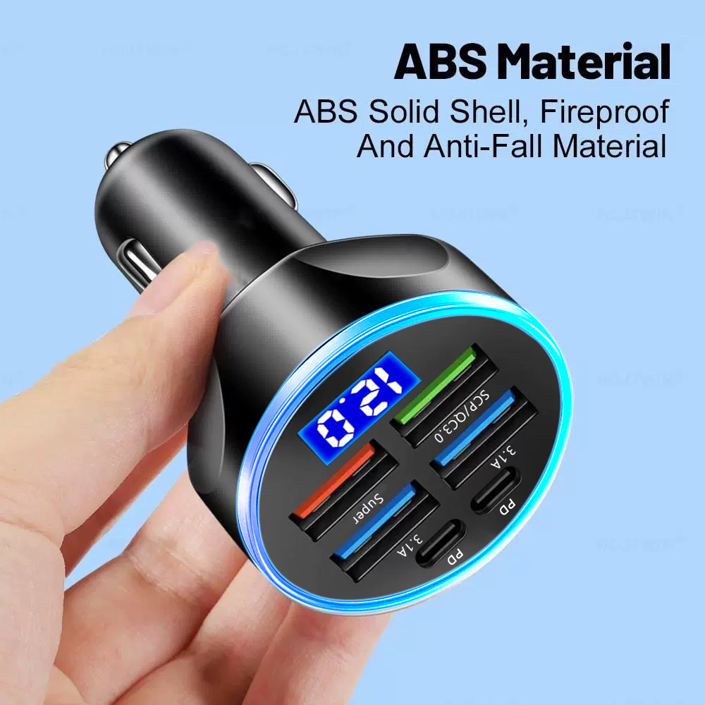 250W PD Car Charger QC3.0 Fast Charge 6-in-1 Car Cigarette Lighter Plug 6 Port Car Charger Flash Charge with Digital Display ﻿