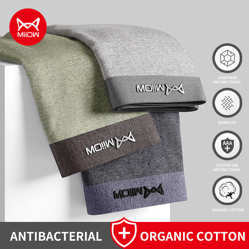 MiiOW 3 Bông Hữu Cơ Quần Lót Nam Boxer Quần Short Kháng Khuẩn Liền Mạch Quần Lót Quần Lót Nam Tặng Đồng Hồ Nam Boxershorts Mới
