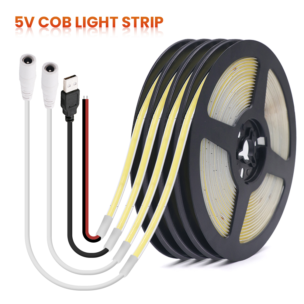 DC5V USB COB LED Strip 3mm 5mm 8mm de largura 12V 320LEDs Flexível LED Strip Light com adesivo Iluminação linear de alta densidade