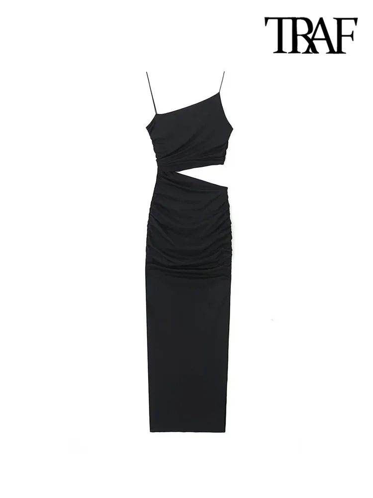 ONKOGENE Frauen Mode Mit Versammelt Aushöhlen Midi Kleid Sexy Asymmetrischem Hals Dünnen Trägern Weibliche Kleider Vestidos Mujer