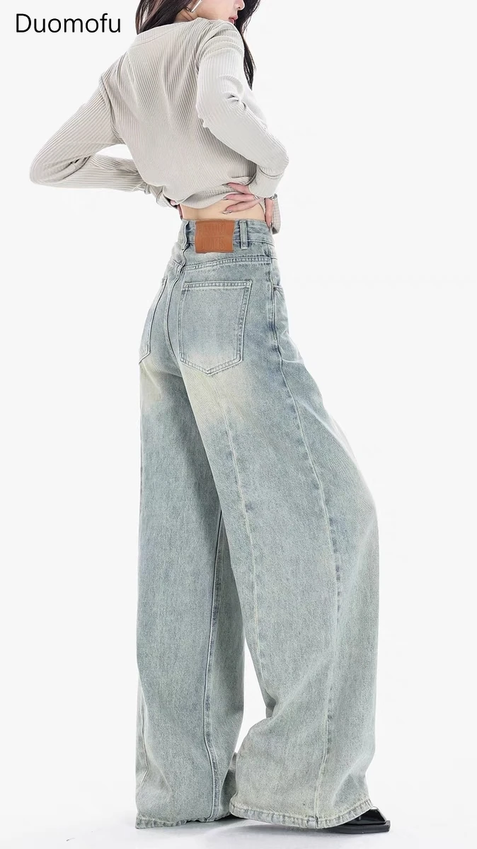 Duomofu-pantalones vaqueros holgados para mujer, Jeans rectos de longitud completa, color azul claro, Vintage, clásico, botón Simple, moda informal, otoño
