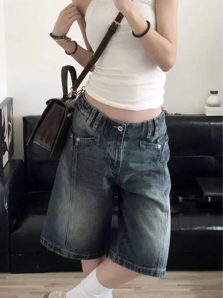 HOUZHOU Y2K Vintage Women Denim Shorts Baggy High Waist Korean Wide Leg Jorts Casual Oversize Washed Jeans Streetwear Summer