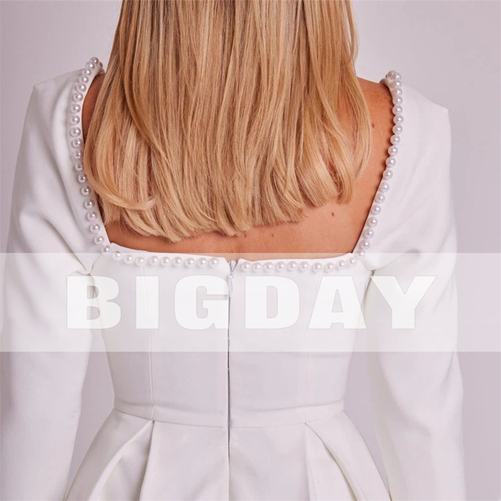 Elegant Short Wedding Dress Open Back Long Sleeve Square Collar Beading Pearl Bridal Gown Above Knee Vestido De Noiva customized