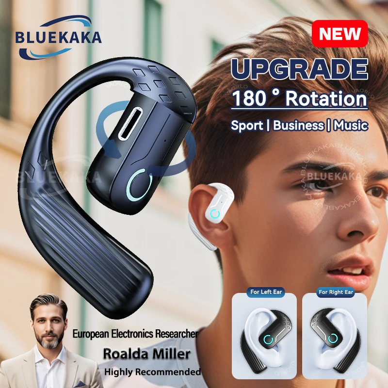 Auricular Inalámbrico Abierto Bluetooth 5.4 180 °   Auricular Universal con gancho para la oreja, oreja izquierda y derecha ajustable con rotación, con micrófono, deporte y negocios