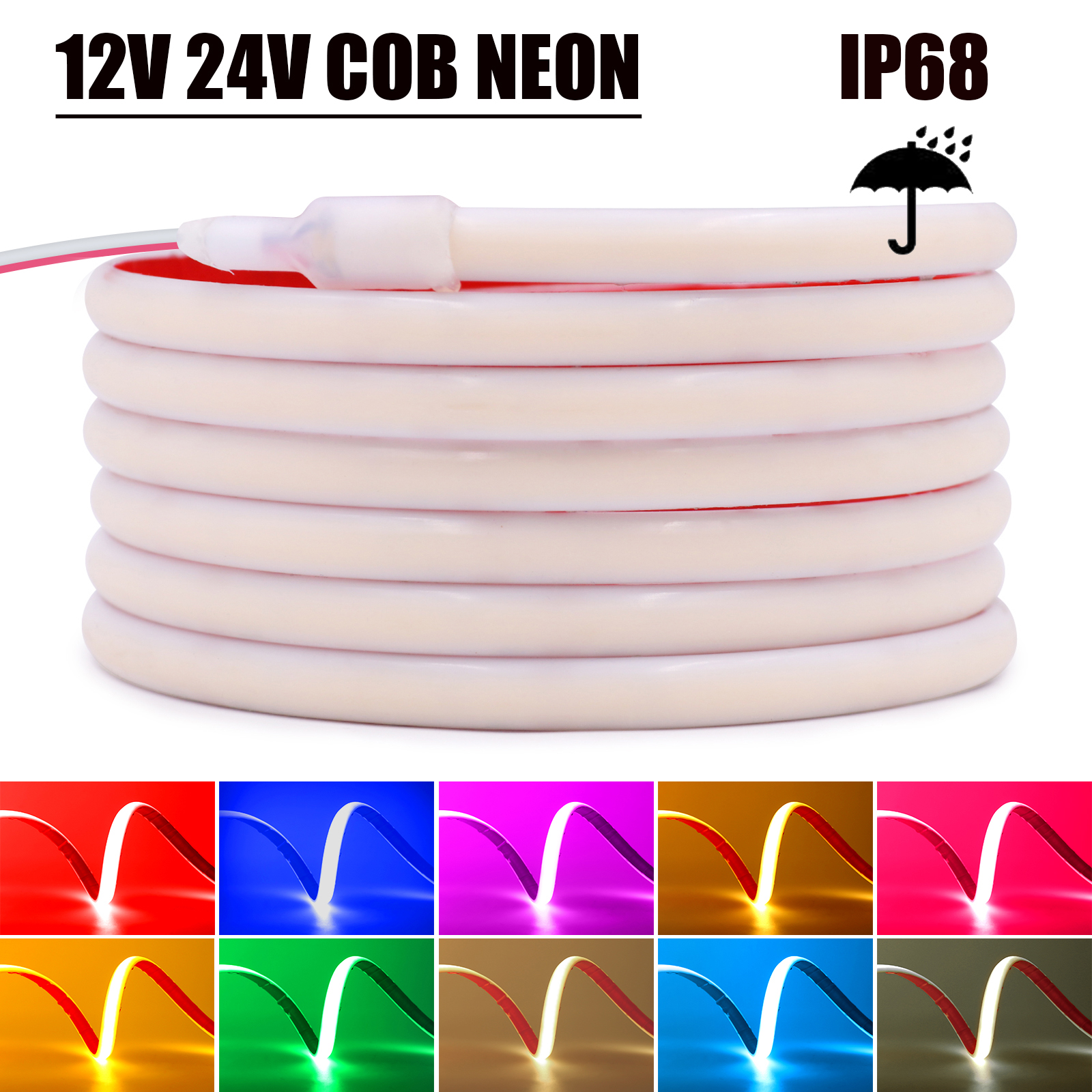 IP68 방수 COB 네온 스트립 12V 24V 320Leds/M 화이트/아이스 블루/핑크/옐로우/핑크/레드 홈 장식 유연한 리본 로프 LED 라이트