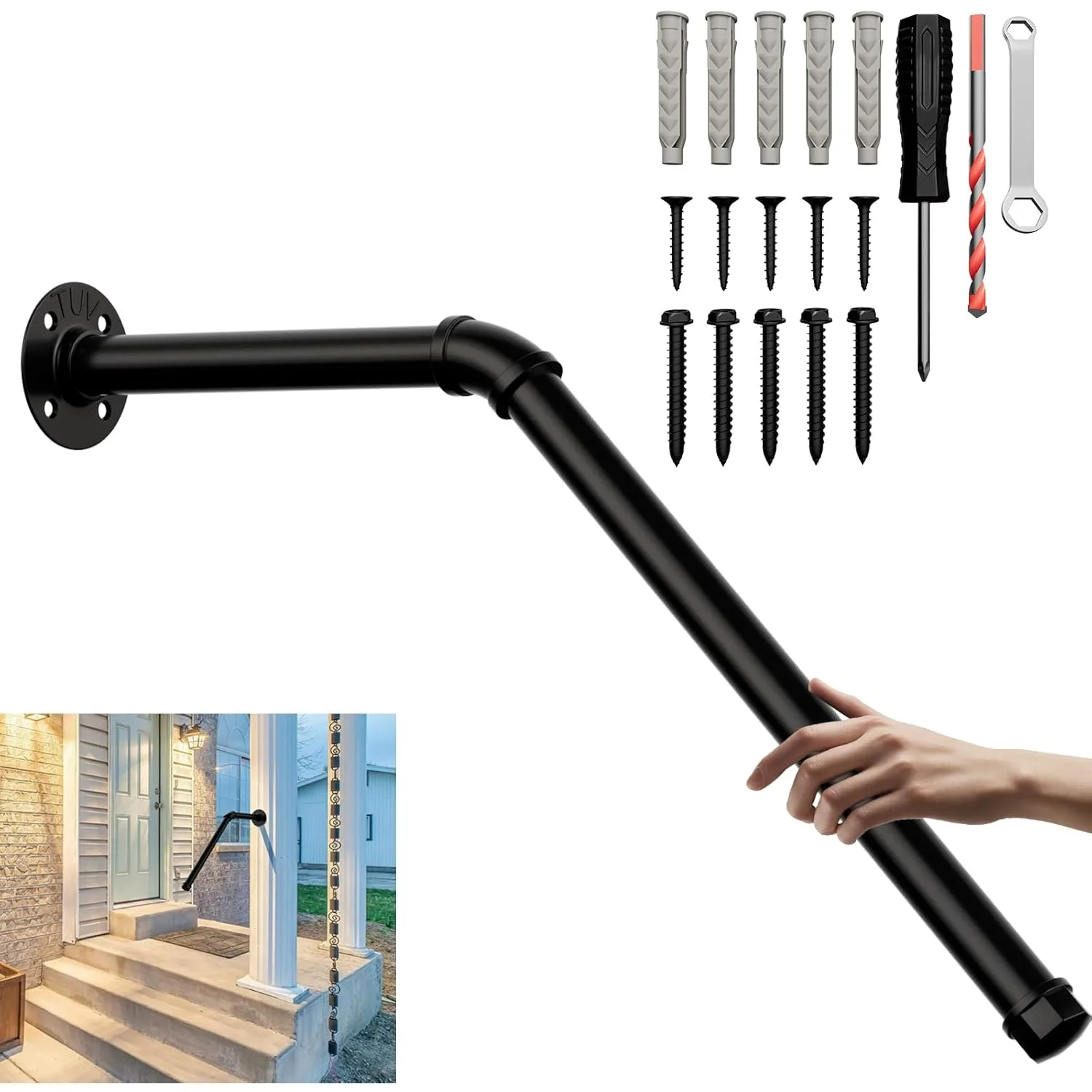 Outdoor/Indoor Metal Stair Handrail | 27.5'' Safety Grab Bar for 1-3 Steps | Non-Slip Elderly/Kids/Disabled