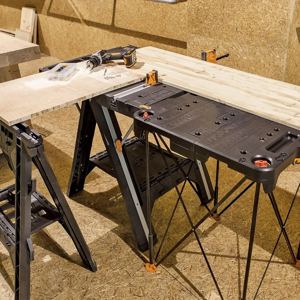 Folding Work Table Portable Lightweight Sturdy Workbench 300lbs Capacity Secure Legs Easy Storage Includes Clamps Link Locks