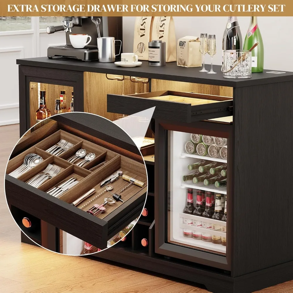 Wine Bar Cabinet with Fridge (Included), Liquor Coffee Cabinet with LED Lights & Rack, Mini Fridge Cabinet with Storage