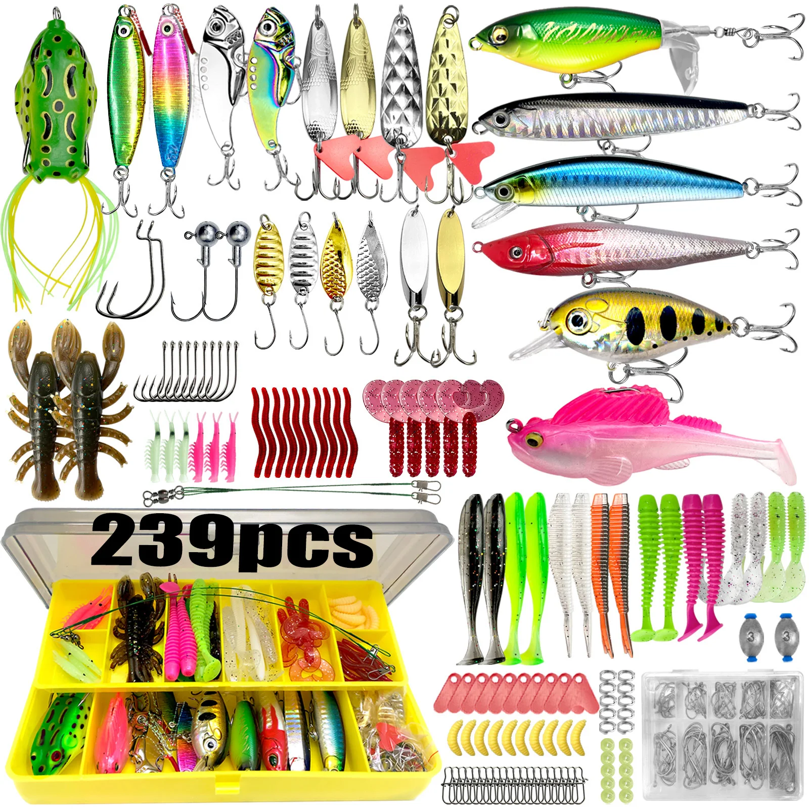 Kit de Iscas de Pesca 83/133/193/239/409 peças para Truta/Lúcio/Bass - Conjunto Multiuso com Equipamento Profissional e Caixa de Equipamentos Multicamadas
