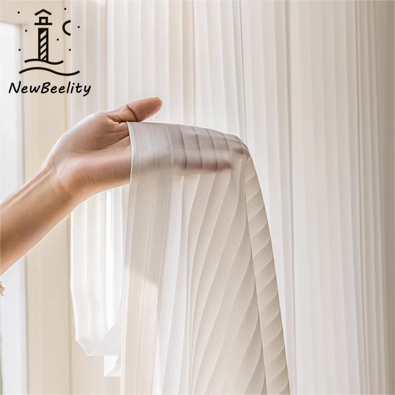 1PC Japanese Simple White Striped Tulle Window Chiffon Sheer Curtains for Living Room Bedroom Dining Luxury Decor Drapes 창문커텐
