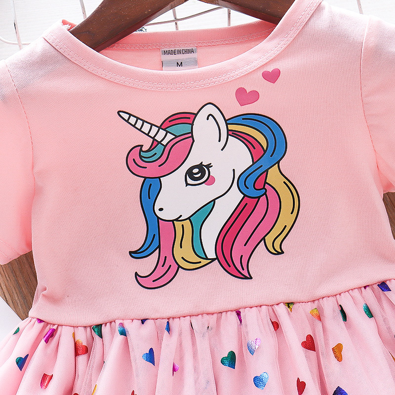 Robe de princesse colorée pour bébés filles, vêtements d'été à manches courtes pour enfants avec petit poney de dessin animé