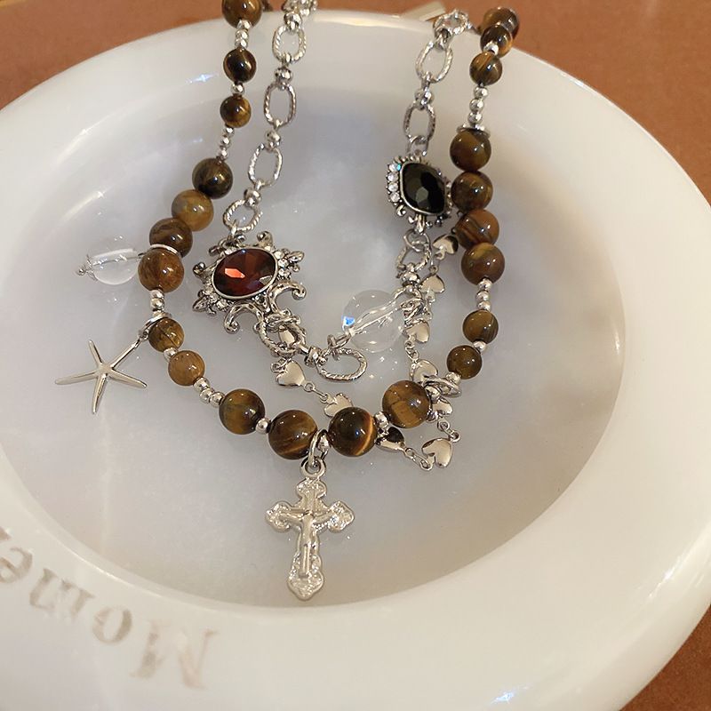 Collar de doble capa con Cruz de estrella de mar, cadena de cuello de moda, diseño creativo personalizado, piedra de ojo de tigre