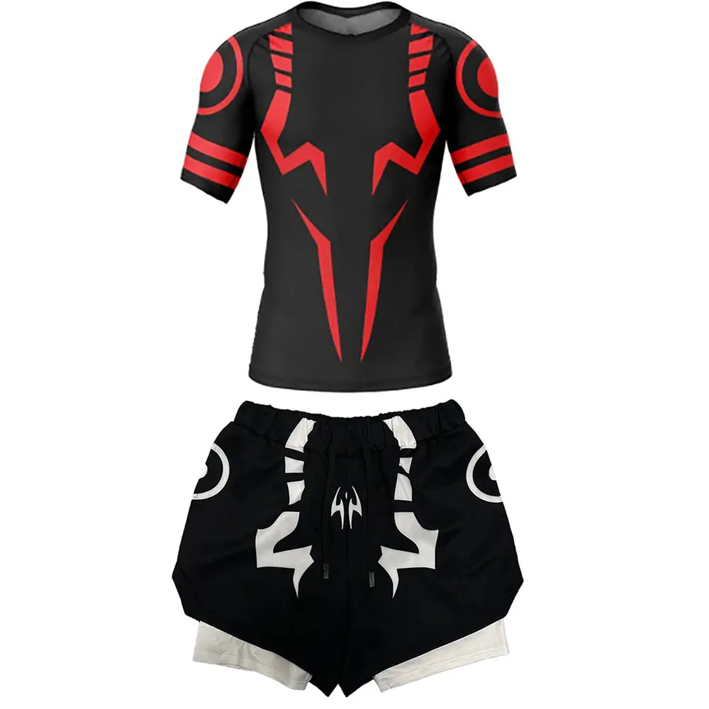 Conjunto de compresión para hombre, camisas de compresión para gimnasio de verano con estampado de Anime Jujutsu Kaisen + pantalones cortos de entrenamiento, conjunto deportivo transpirable de secado rápido