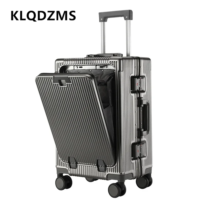 Klqdzms-アルミフレームボードケース、ホイール付き荷物、フロントオープニング、ラップトップトロリー、USB充電、キャビンケース、20インチ、24インチ